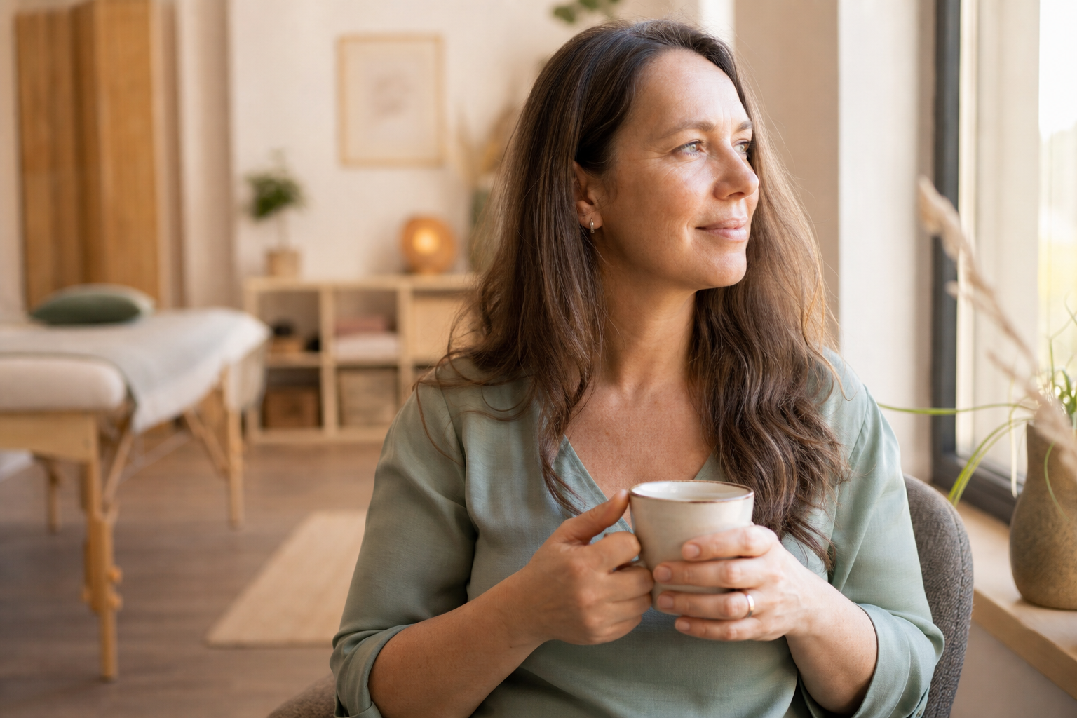 Realistische Szene für einen Artikel über Bewusstseinsmedizin: Nahaufnahme einer Person in meditativer Ruhe mit geschlossenen Augen, Hände entspannt auf dem Herzen und dem Bauch, weiches Morgenlicht durch ein Fenster, natürliche Hauttöne, ruhiger Hintergrund in Beige- und Grüntönen, glaubwürdige Atmosphäre von Achtsamkeit und innerer Heilung, dokumentarischer Fotostil, keine Fantasy-Elemente, keine künstlichen Energiewirbel, sehr natürlich und hochwertig fotografiert","Natürliche, glaubwürdige Fotografie einer ganzheitlichen Behandlungssituation: Therapeut legt die Hände in geringem Abstand über Schulter- und Herzbereich eines bekleideten Klienten auf einer Liege, moderner Praxisraum mit Holz, Leinen und Pflanzen, warm-neutrale Farbtemperatur, sanftes diffuses Licht, respektvolle und professionelle Stimmung, realistisch, medizinisch-wellnessnah, keine okkulten Symbole, keine überzeichneten Effekte","Editorial-Foto zum Thema energetische Heilung im Kontext von Bewusstseinsmedizin: eine Frau mittleren Alters sitzt nach einer Sitzung ruhig mit einer Tasse Kräutertee am Fenster, nachdenklich und gelöst, im Hintergrund unscharf eine minimalistische Praxis, natürliches Nachmittagslicht, authentische Farben, subtile Stimmung von Regeneration, realistisch, hochwertig, ungestellt, passend für deutschsprachigen Gesundheitsartikel
