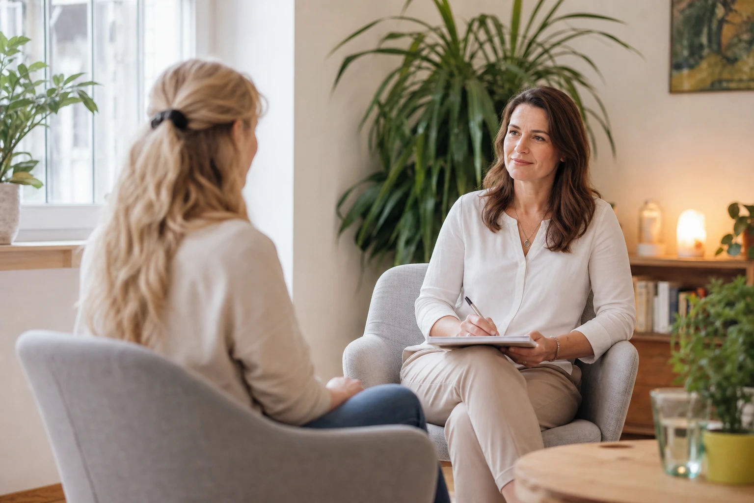 Natürliches, realistisches Titelbild für einen deutschsprachigen Artikel über „Energetische Heilung“ und „Bewusstseinsmedizin“: eine ruhige therapeutische Sitzung in einem hellen, modernen Raum, eine Therapeutin sitzt einer entspannten Person gegenüber, achtsame Gesprächsatmosphäre, sanftes Tageslicht, warme aber natürliche Farbtemperatur, dezente Pflanzen, zurückhaltende Einrichtung, authentische Mimik, dokumentarischer Fotostil, keine Fantasieeffekte, keine übertriebenen Lichtelemente.