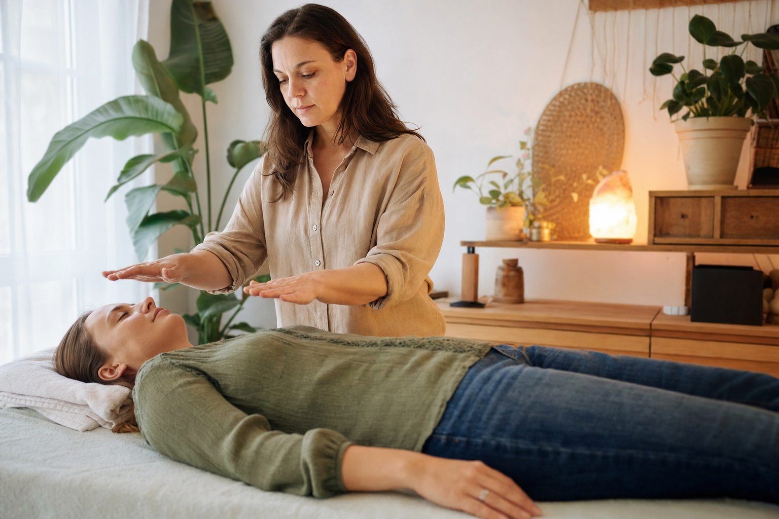 Realistic editorial photo for a German magazine article about Energetische Heilung: a calm holistic therapy session in a bright, softly lit wellness room, a practitioner gently holding hands a few centimeters above a relaxed client lying fully clothed on a treatment table, subtle natural body language, warm neutral color temperature, plants and simple decor in the background, no visible magic effects, no fantasy aura, authentic documentary style, high detail, natural skin tones, shallow depth of field, landscape format, no text, no watermark, no extra fingers, no distorted hands, no medical equipment prominence, photorealistic and believable scene with a serene atmosphere that illustrates the concept respectfully without making exaggerated claims.