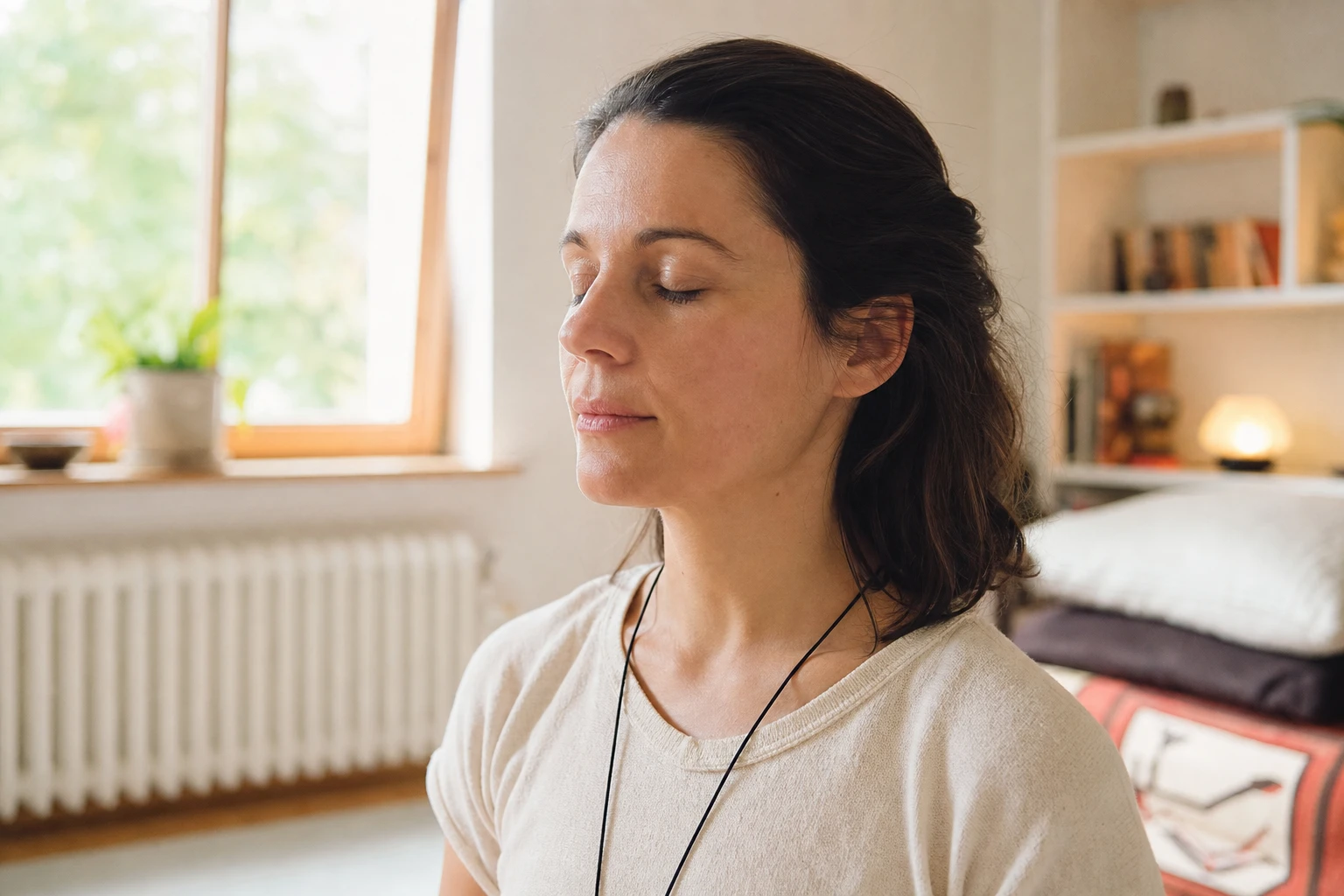Realistische Nahaufnahme einer Person in stiller Meditation in einem aufgeräumten Innenraum, Augen geschlossen, entspannter Gesichtsausdruck, Fokus auf Atmung und innere Wahrnehmung als Symbol für Bewusstseinsmedizin, natürliches Fensterlicht, ausgewogene warme Farbtemperatur, weiche Schatten, echte Texturen, fotografischer Stil, glaubwürdig und ungestellt.
