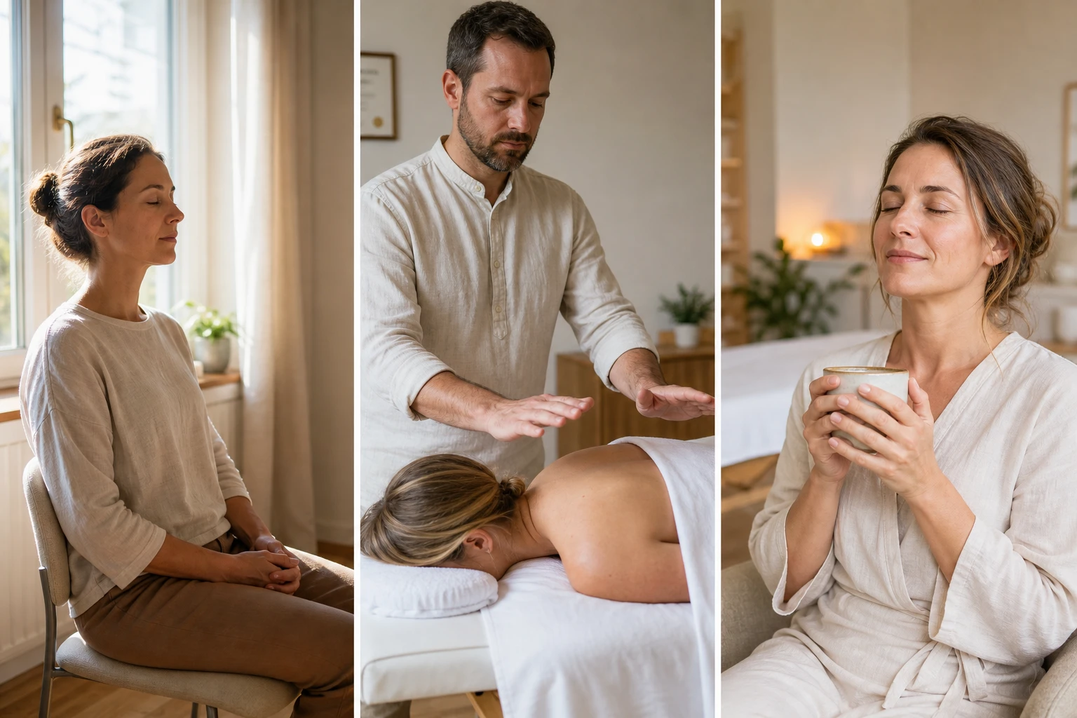 Realistische Nahaufnahme für „Bewusstseinsmedizin“: eine Person sitzt in stiller Meditation auf einem Stuhl am Fenster einer Praxis oder eines Wohnraums, entspannte Körperhaltung, bewusste Atmung, weiches Morgenlicht, natürliche Hauttöne, neutrale warme Farbtemperatur, minimalistisches Umfeld, ruhige und glaubwürdige Wellness-Atmosphäre, hochwertige Fotografie, keine Esoterik-Symbole im Vordergrund, keine surrealen Effekte.','Realistische Szene aus einer ganzheitlichen Behandlung: ein Therapeut hält mit respektvollem Abstand die Hände über Schultern und oberen Rücken einer liegenden Person auf einer Behandlungsliege, professioneller Praxisraum, weißes Leinentuch, sanftes natürliches Licht, authentische Proportionen, natürliche Farben, ruhige Stimmung, glaubwürdiger Gesundheits- und Wohlfühlkontext, keine leuchtenden Auren, keine magischen Partikel, fotorealistisch.' ,"Natürliche Lifestyle-Aufnahme für einen Artikel über energetische Heilung: eine Person nach einer Sitzung sitzt entspannt mit geschlossenen Augen und einer Tasse Kräutertee in den Händen, im Hintergrund unscharf ein heller Behandlungsraum, weiches Nachmittagslicht, ausgewogene warme Farbtemperatur, echte, beruhigende Atmosphäre, moderne realistische Gesundheitsfotografie, unaufdringlich, hochwertig, authentisch."}】【”】【analysis to=final code error: JSON malformed due mixed quotes. Need fix. JSON array strings valid double quotes only. Let's craft proper. +#+#+#+#+#+assistant to=final ￣奇米create_images  天天中彩票追号json_string{