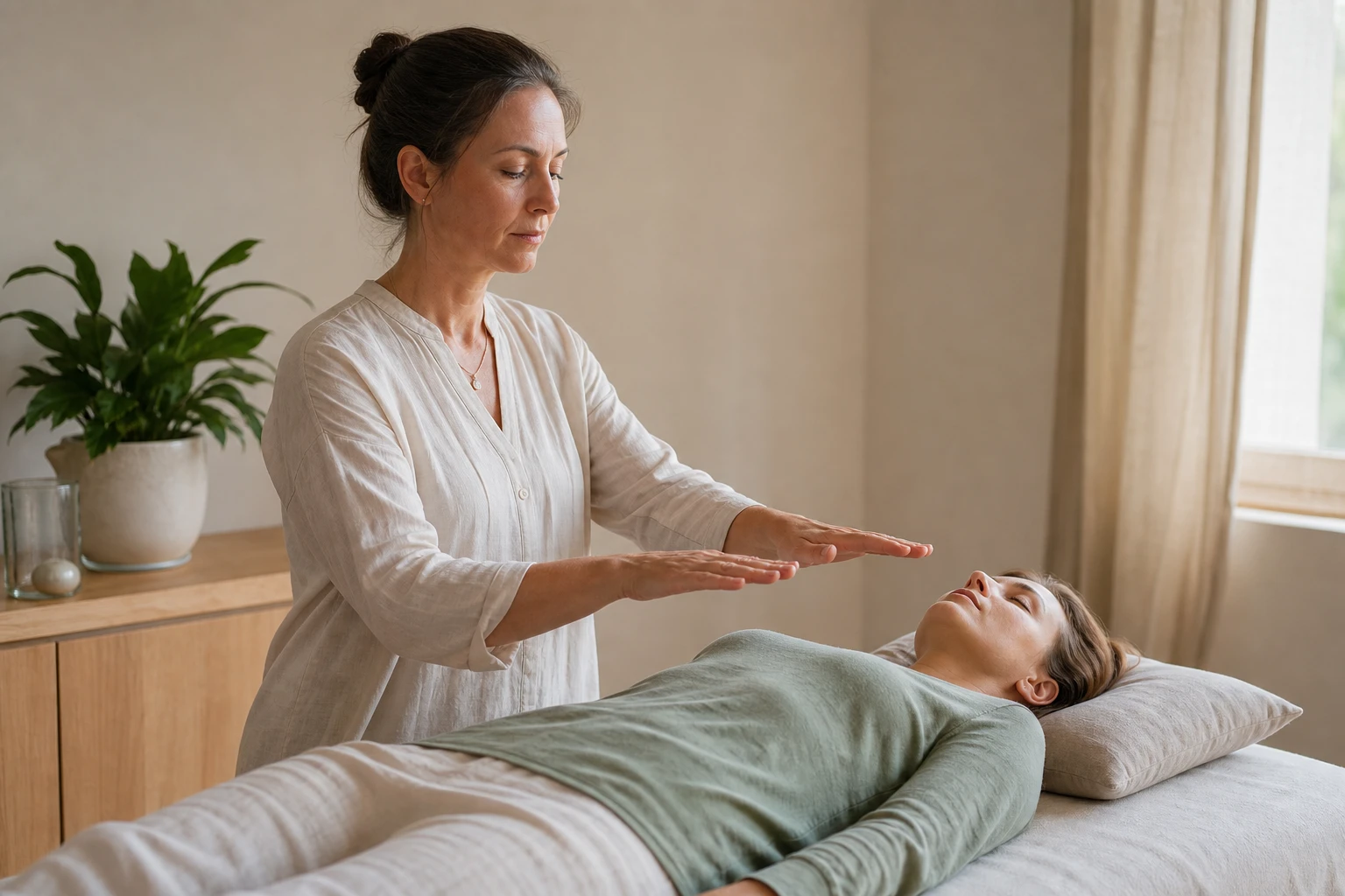 Realistisches Editorial-Foto zum Thema energetische Heilung: erwachsene Person liegt entspannt auf einer Behandlungsliege mit geschlossenen Augen, ein Therapeut arbeitet achtsam mit den Händen knapp über dem Körper, harmonischer Spa- oder Praxisraum, sanftes natürliches Licht, ausgewogene Farbtemperatur, ruhige beige und grüne Töne, hochwertige Fotografie, glaubwürdig und natürlich, keine esoterischen Klischees im Vordergrund, keine Fantasieoptik, keine schwebenden Objekte, keine kitschigen Effekte, keine unscharfen Hände, keine deformierten Finger, kein Text, keine Wasserzeichen, keine Logos, keine übertriebene Aura, keine Neonfarben, keine Doppelbelichtungen, keine anatomischen Fehler, keine zusätzlichen Gliedmaßen, keine künstlich wirkende Haut, keine überinszenierte Pose, keine religiösen Symbole, kein Science-Fiction-Look, kein Cartoon-Stil, keine Illustration, keine 3D-Grafik, keine harte Blitzbeleuchtung, keine überbelichteten Bereiche, keine dunklen Schattenlöcher, keine unnatürliche Symmetrie, keine störenden Gegenstände im Hintergrund, kein unruhiger Bildaufbau, kein sichtbares medizinisches Gerät, keine übertriebene Hautretusche, kein Weitwinkelgesicht, keine Verzerrung, keine abgeschnittenen Hände, keine extra Finger, keine anatomisch falschen Handstellungen, kein übermäßiger Weichzeichner, kein HDR-Look, keine künstlichen Lens Flares, kein Rauch, kein Nebel, keine Kristallkugel, keine Chakren-Icons, keine Energiewellen, keine leuchtenden Glitzerpartikel, keine textlastigen Poster im Raum, keine sterile Krankenhausästhetik, keine übervollen Dekorationen, keine aggressiven Kontraste, keine kalte Blaustimmung, kein Orange-Teal-Cinematic-Look, keine stockfotoartige Übertreibung, keine unpassende Sexualisierung, keine dramatische Mimik, keine direkten Blickkontakte in die Kamera, keine künstlichen Fingernägel im Fokus, keine angeschnittenen Köpfe, kein unruhiges Muster auf Textilien, keine falsch proportionierten Möbel, keine Spiegelungsfehler, keine falschen Schattenrichtungen, kein Mischlichtchaos, keine bewegungsunscharfen Hände, keine verpixelten Hautdetails, keine übermäßige Vignette, keine Rahmen, kein Split-Toning, keine futuristischen Geräte, kein paranormaler Horror-Look, kein übertriebenes Bokeh, keine harte Schärfung, keine geometrischen Artefakte, keine komischen Ohrformen, keine schiefen Augen, keine falschen Zähne, keine unrealistischen Körperproportionen, keine gestellten Werbegrinsen, keine Hände direkt auf intimen Körperbereichen, keine verletzenden oder invasiven Handlungen, keine Kinderdarstellung, keine Trauer- oder Krankenhausszene, keine billige Kerzenromantik, keine übertriebene Spiritual-Shop-Deko, keine Bildmontage-Anmutung, keine Studiohintergrund-Optik, keine monochrome Farbgebung, keine stylisierte Aura, keine Laserlinien, keine übermäßige Tiefenschärfe, kein matschiger Hintergrund, keine Farbstiche, keine sichtbaren Sensorflecken, keine künstliche Hautglättung, kein Plastik-Look, keine unnatürliche Pose auf der Liege, keine störenden Kabel, keine Menschenmenge, keine chaotische Perspektive, keine extremen Nahaufnahmen von Augen oder Händen, keine fragwürdigen medizinischen Aussagen im Bild, realistisch, menschlich, ruhig, vertrauensvoll, hochauflösend, 16:9, geeignet als Headerbild für einen deutschen Artikel über energetische Heilung, authentische europäische Praxisumgebung, sanfte Tiefenschärfe, natürliche Materialien wie Holz und Baumwolle, ausgewogene Komposition mit Freiraum für Text auf einer Bildseite, glaubwürdige Körpersprache, subtile visuelle Andeutung von Entspannung ohne sichtbare Magieeffekte, farblich stimmig, seriös und modern, echtes Foto, journalistischer Lifestyle-Stil, mittlere Brennweite, feine Hautdetails, natürliche Schatten, entspannte Gesichtszüge, professionell aber nahbar, wellnessorientiert ohne Heilsversprechen visuell zu übertreiben, ruhiger Hintergrund, klare Linien, harmonische Raumgestaltung, hochwertige natürliche Texturen, softes Fensterlicht, unaufdringliche Dekoration, dezente Decken, saubere Umgebung, vertrauenswürdige Stimmung, realistische Hände und Finger, subtile Ruhe, kein Pathos, keine Übertreibung, natürliche menschliche Interaktion, zeitgemäße Praxisästhetik, fotorealistisch, hochwertige Magazinillustration durch Fotografie, nicht gestellt wirkend, seriöse Gesundheits- und Wohlfühlatmosphäre, mit leichtem negativem Raum für Überschrift und Teasertext links oben, natürliche Perspektive auf Augenhöhe, detailreich und ruhig, konsistente Lichtstimmung, neutrales Weiß, sanfte Beigetöne, zartes Salbeigrün, minimalistisch und einladend, voller Fokus auf Achtsamkeit und Berührungslosigkeit der Hände über dem Körper, respektvoll und professionell, glaubhaftes Redaktionsbild, keine Heilgeräte, keine offensichtlichen Symbole der Esoterik, reale Menschen, natürliche Körperhaltung, hochwertige Bildqualität, klarer Fokus auf die Hauptszene, nicht überinszeniert, entspanntes modernes Ambiente, leise und beruhigende Stimmung, für deutschsprachiges Online-Magazin geeignet, SEO-taugliches Titelbildmotiv, realistische Hauttöne, angenehmes Tageslicht, unaufdringliche Eleganz, feine Stoffstrukturen, ruhige Bildsprache, stimmige Farbbalance, dezente Hintergrundunschärfe, professionelle Innenraumfotografie, glaubwürdige Wellness-Behandlungssituation, journalistisch verwendbar, hochwertig und sachlich zugleich, natürliche Emotionen, Entspannung und Vertrauen im Mittelpunkt, keine visuelle Überladung, harmonische Komposition mit therapeutischer Nähe und persönlichem Raum, sehr realistisch, keine Fantasyelemente, keine religiöse Inszenierung, keine übersinnliche Darstellung, nur subtile Atmosphäre der Ruhe und Fürsorge, hochauflösendes realistisches Foto mit authentischer menschlicher Präsenz, ruhiges Layout, redaktionelle Qualität, ideal für einen Artikel über energetische Heilung in deutscher Sprache, keine Text- oder Typografieelemente im Bild, clean und professionell, lebensnah und vertrauenswürdig, menschlich und warm, moderne Wellness-Praxis, visuelle Glaubwürdigkeit, fein abgestimmte Lichtführung, angenehme Tiefenstaffelung, ruhige Hintergrundfläche für Layouteinsatz, realistische Behandlungsszene mit professioneller Zurückhaltung und subtiler Spiritualität nur durch Stimmung, nicht durch Effekte, natürliche Farben, kein Kitsch, kein Drama, keine Magie, nur Ruhe, Präsenz und Achtsamkeit als realistisches Fotomotiv
