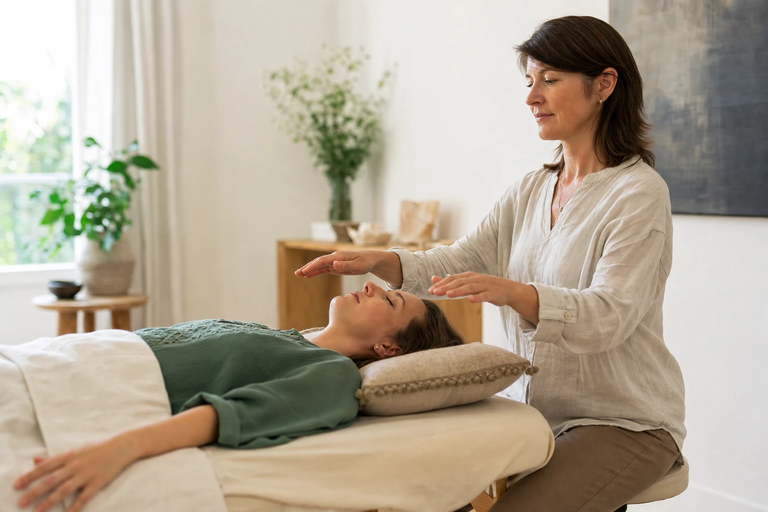 Natürliches, realistisches Titelbild für einen Artikel über energetische Heilung: ruhiger heller Therapieraum mit einer entspannten erwachsenen Person auf einer Liege, eine Therapeutin sitzt daneben und hält die Hände in kleinem Abstand über Schultern und Oberkörper, warme neutrale Tageslichtstimmung, sanfte Naturfarben, authentische Hauttöne, unaufdringliche Einrichtung, hochwertige dokumentarische Fotografie, keine Fantasy-Effekte, kein übertriebenes Leuchten